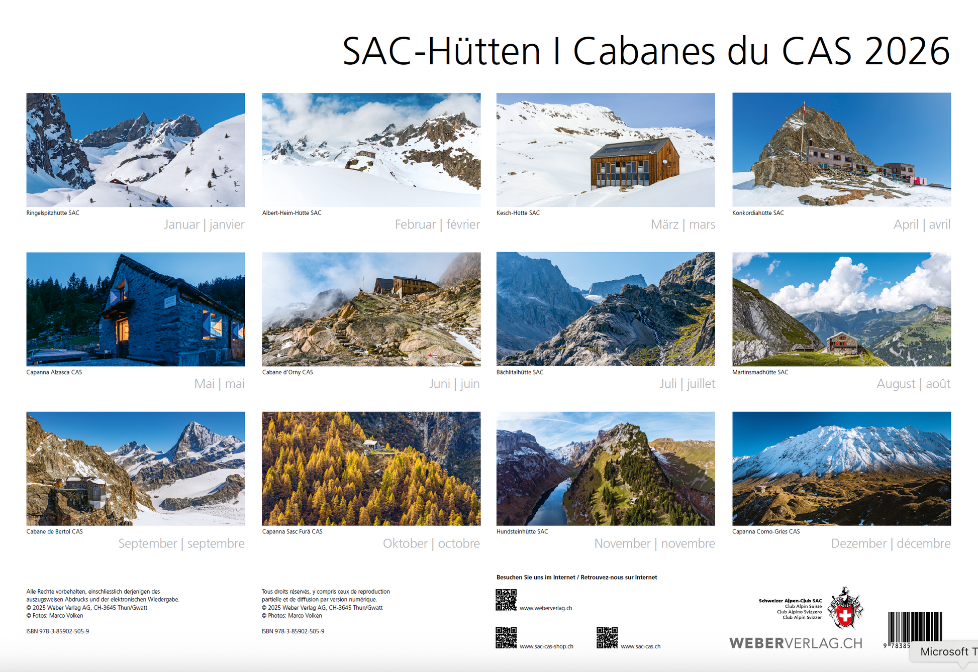 Marco Volken | SAC-Hütten – Kalender 2026 - SAC-Shop