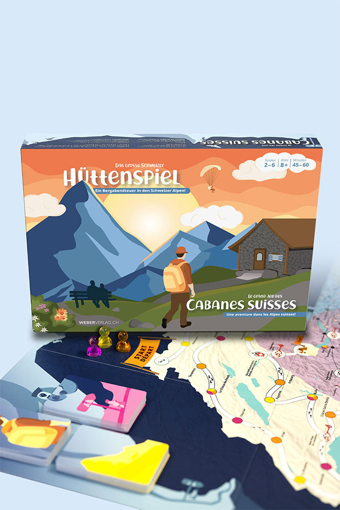 Das grosse Schweizer Hüttenspiel SAC. Verpackung. Spannendes Würfelspiel.
